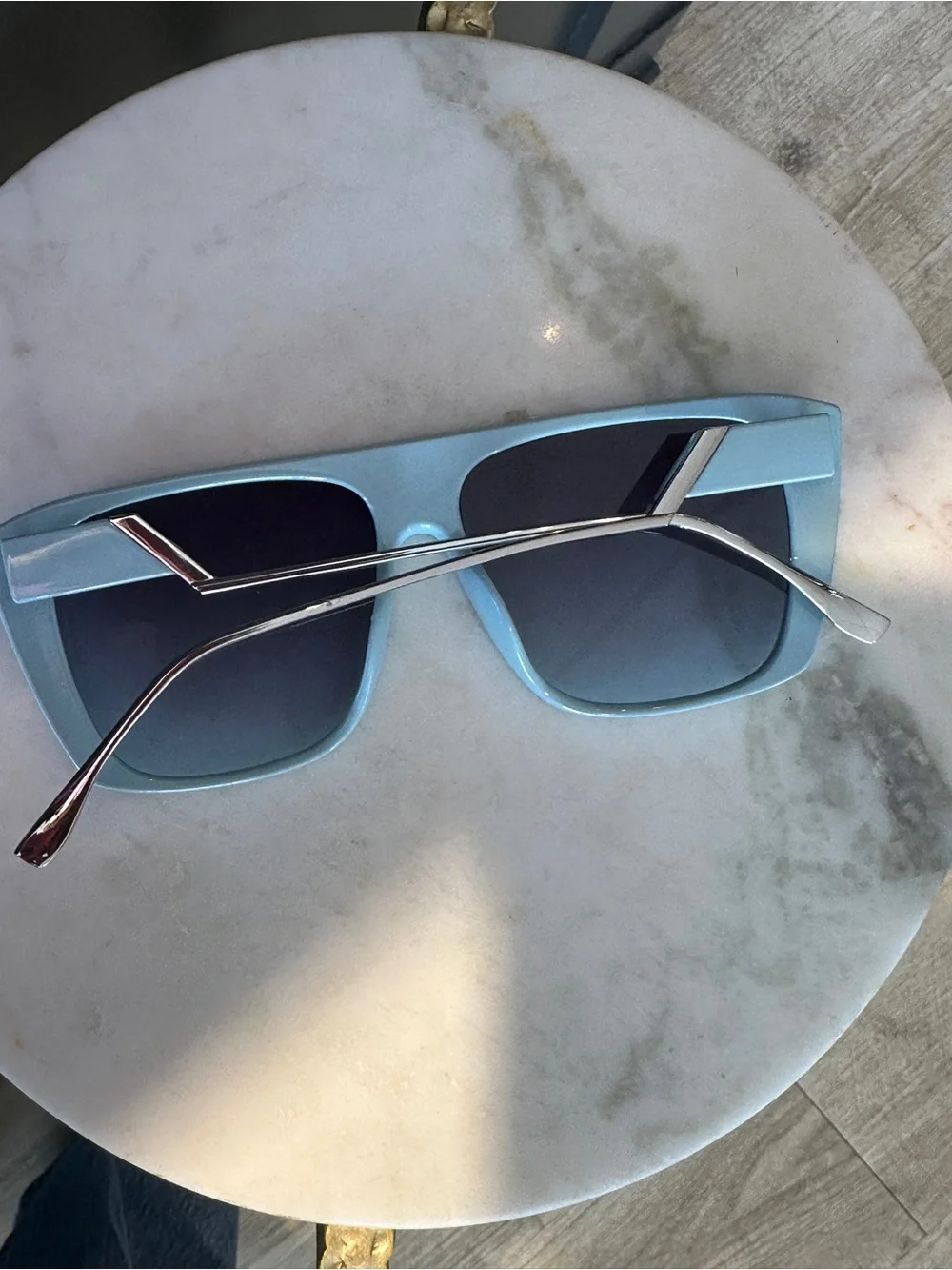 Oversized Blue Square Sunglasses with Silver Metal Arms